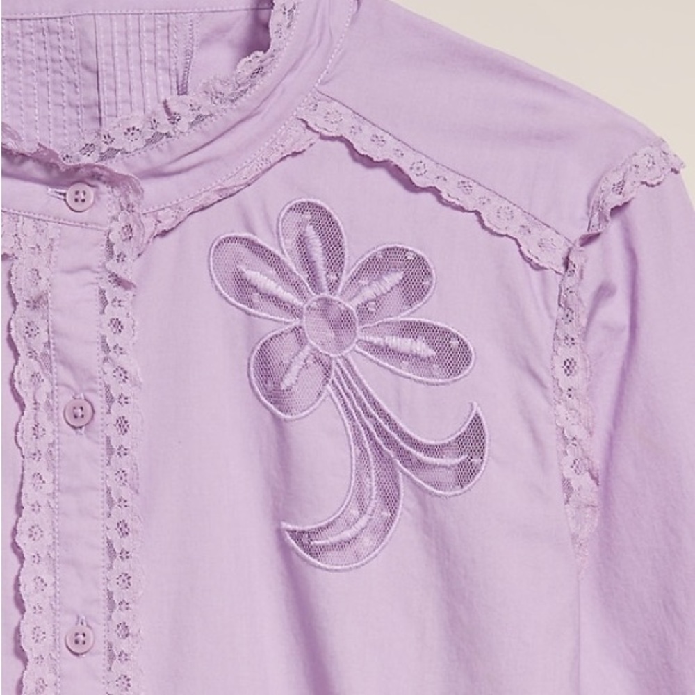 Old Navy x Anna Sui Lilac Embroidered Ruffle Button-Down Shirt - Picture 4 of 9
